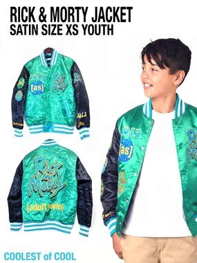 Rick & Morty Headgear Classics Green Adult Swim Satin Jacket Youth Size XS